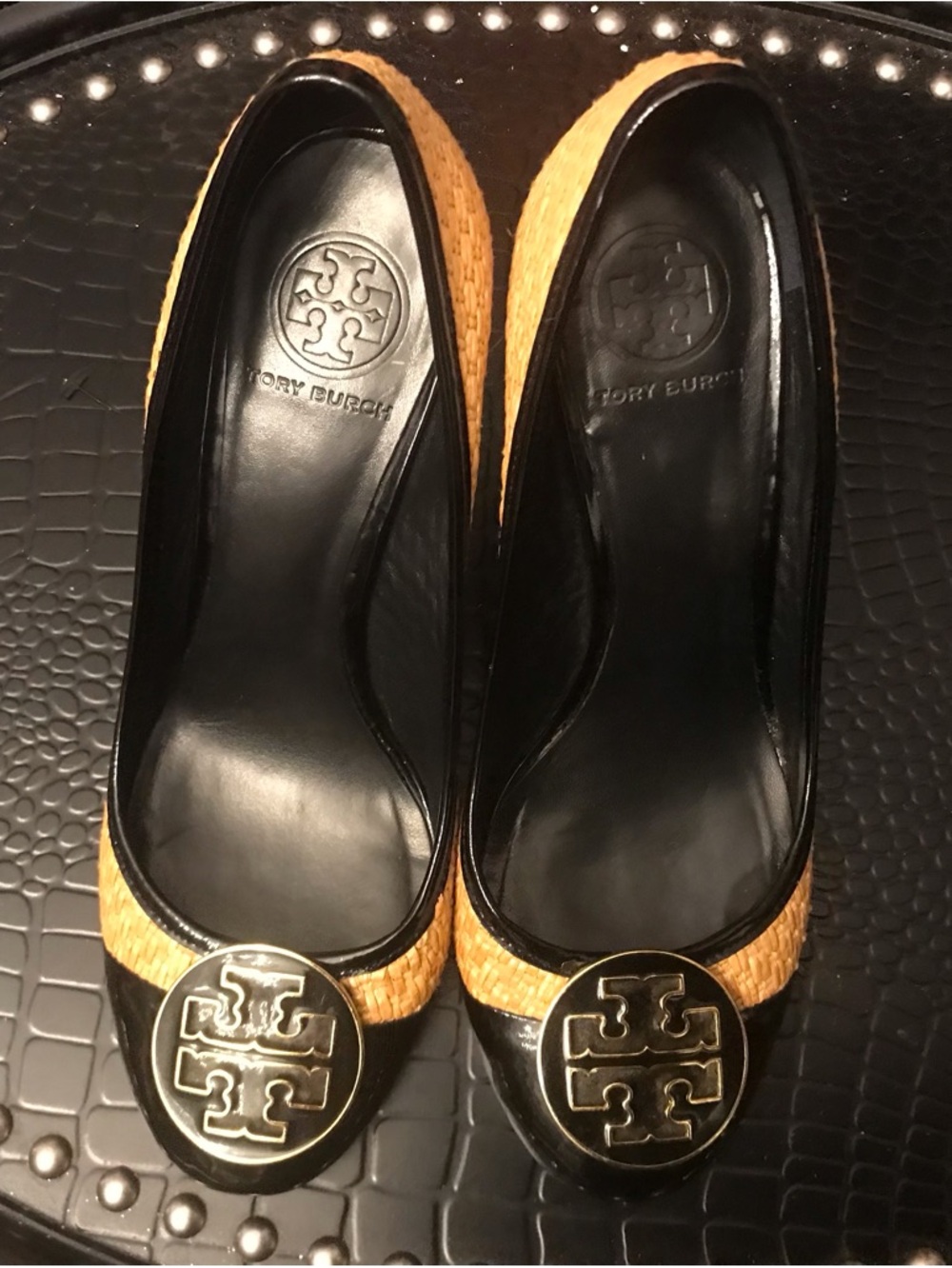 Tory Burch Woven Yellow and Black Women's Pump with Gold Accent